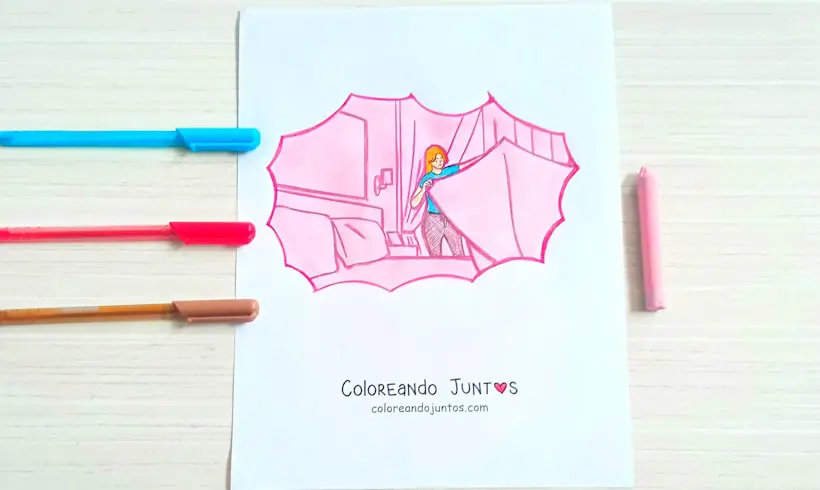 Dibujo de una chica haciendo la cama en la mañana coloreado por Coloreando Juntos