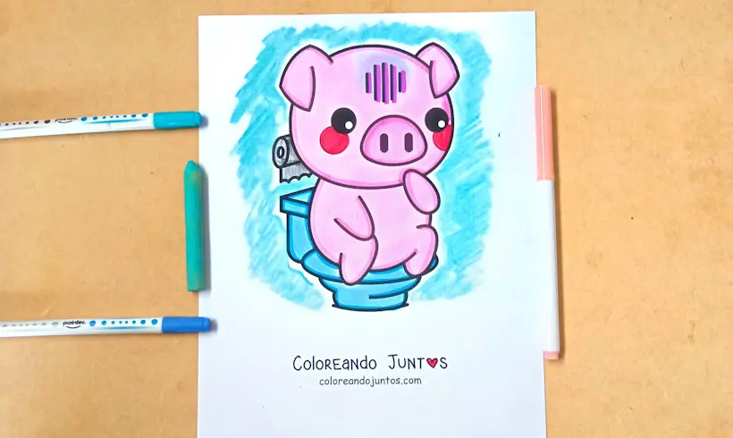 Dibujo de un cerdito animado en el baño coloreado por Coloreando Juntos
