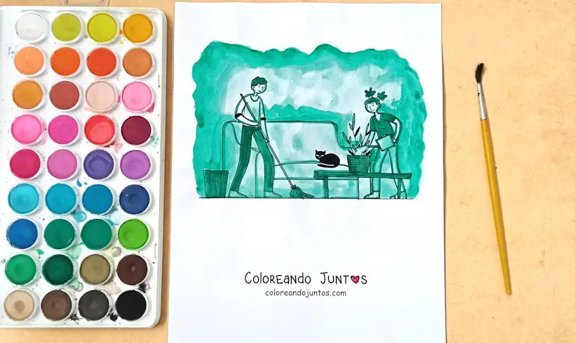 Dibujo de una pareja limpiando el piso coloreado por Coloreando Juntos