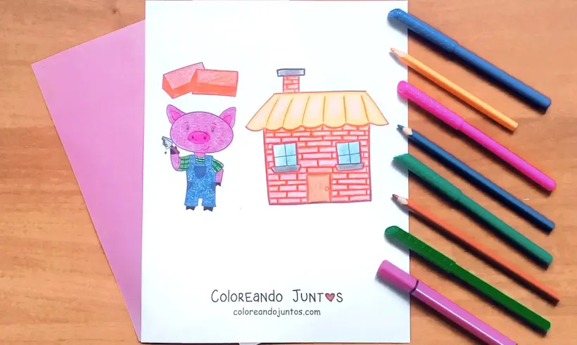 Dibujo de uno de los tres cerditos coloreado por Coloreando Juntos