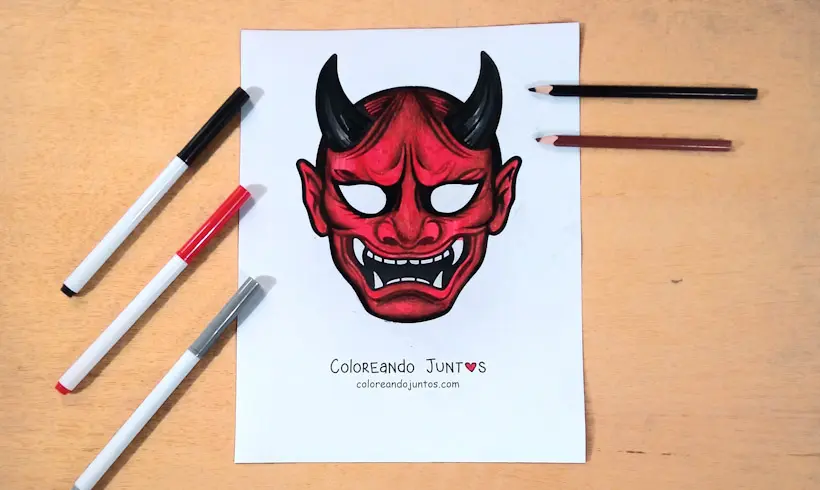 Dibujo de una máscara japonesa coloreada por Coloreando Juntos