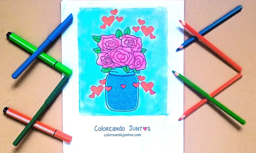 Dibujo de rosas y corazones coloreado por Coloreando Juntos