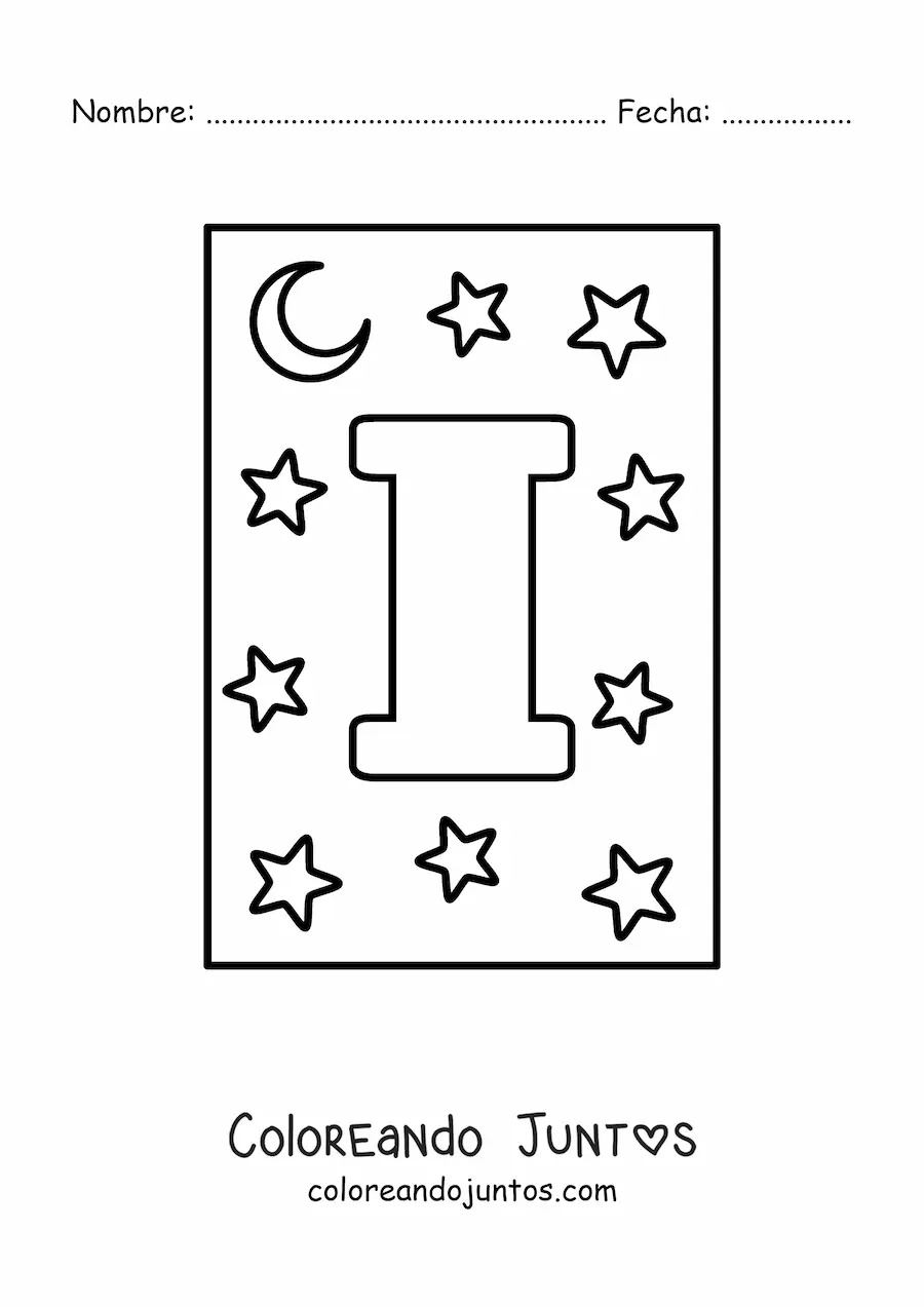 Imagen para colorear de letra i mayúscula con estrellas y una luna