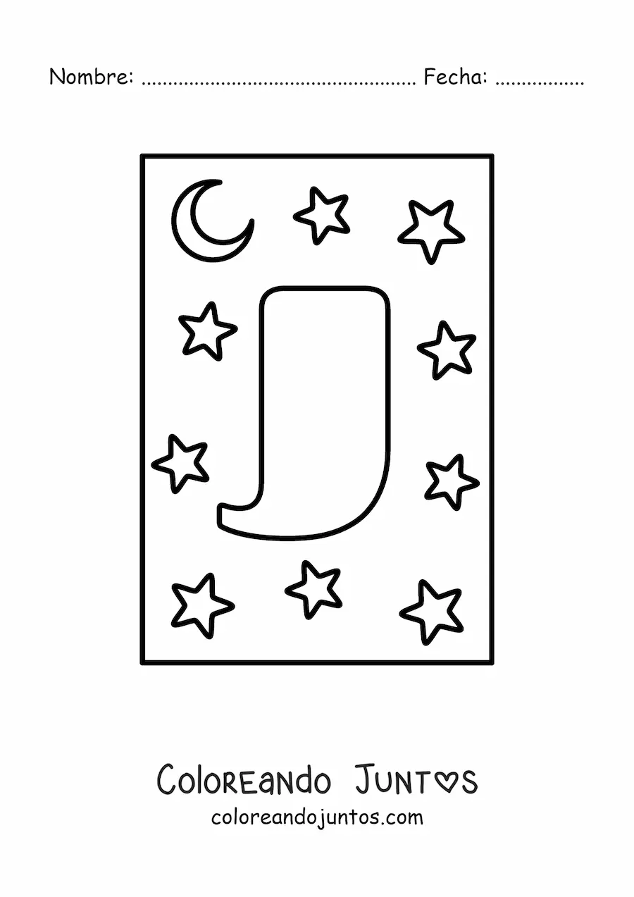 Imagen para colorear de letra j mayúscula con estrellas y una luna