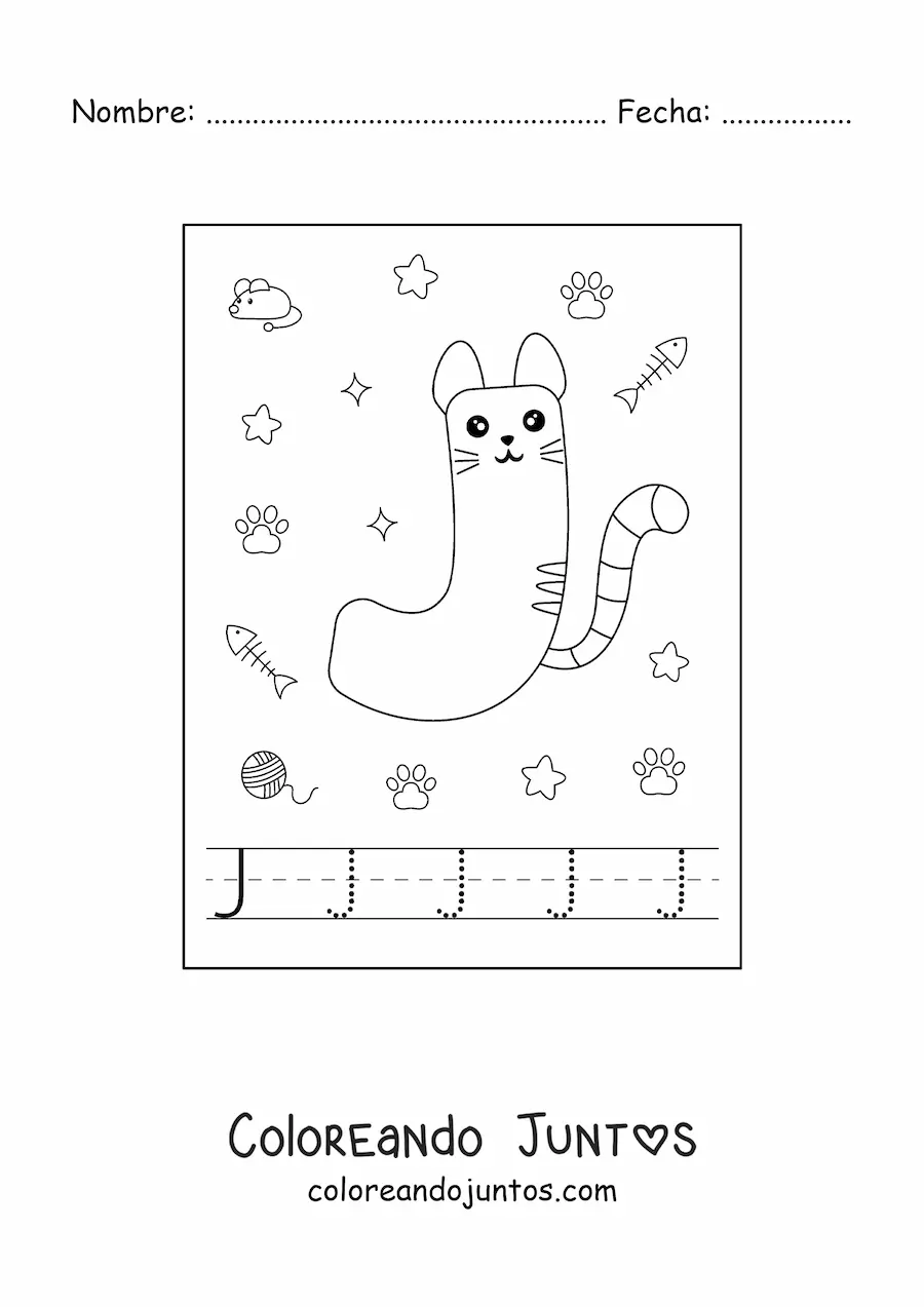 Imagen para colorear de la letra j animada con forma de gato