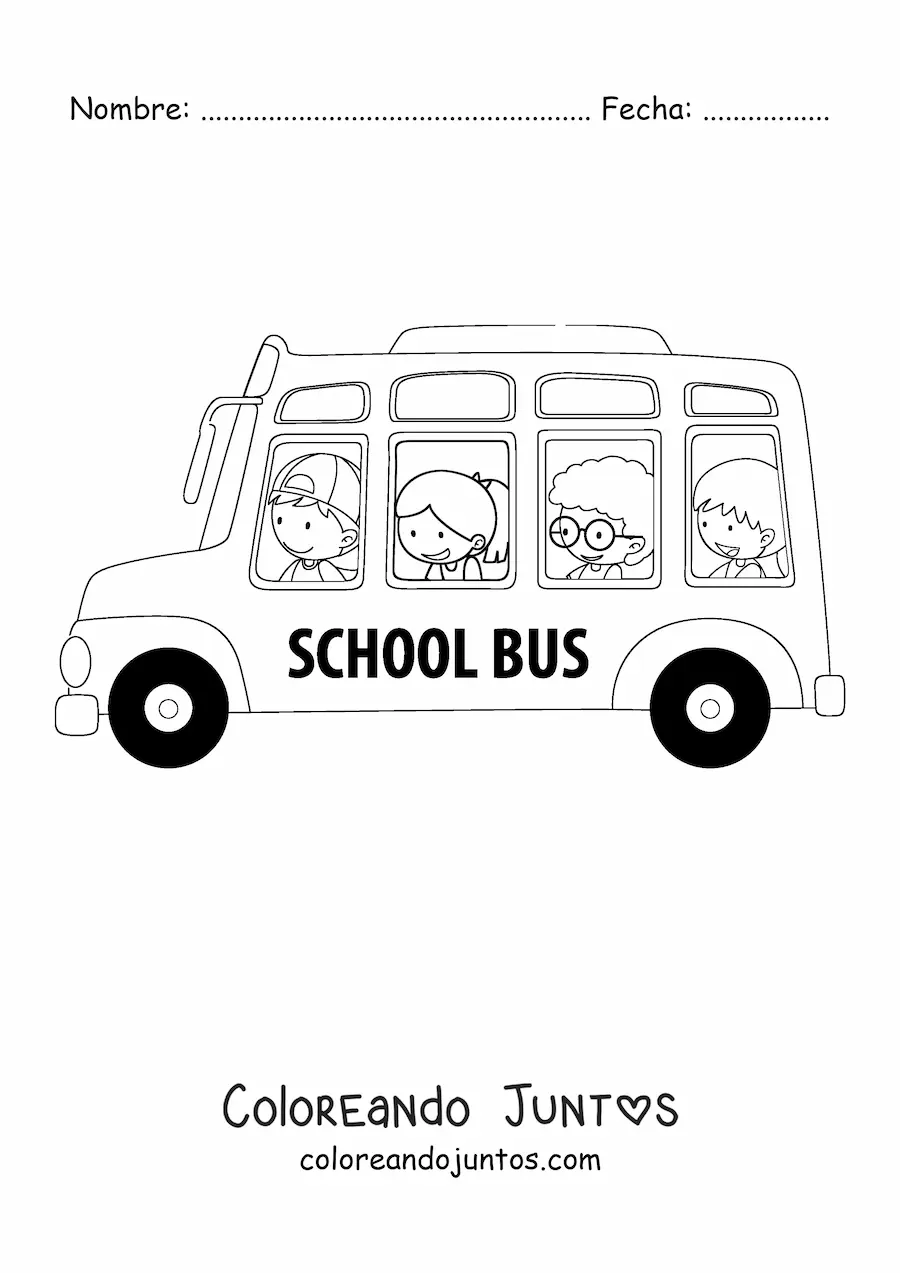 Imagen para colorear de varios niños alumnos animados en autobús escolar