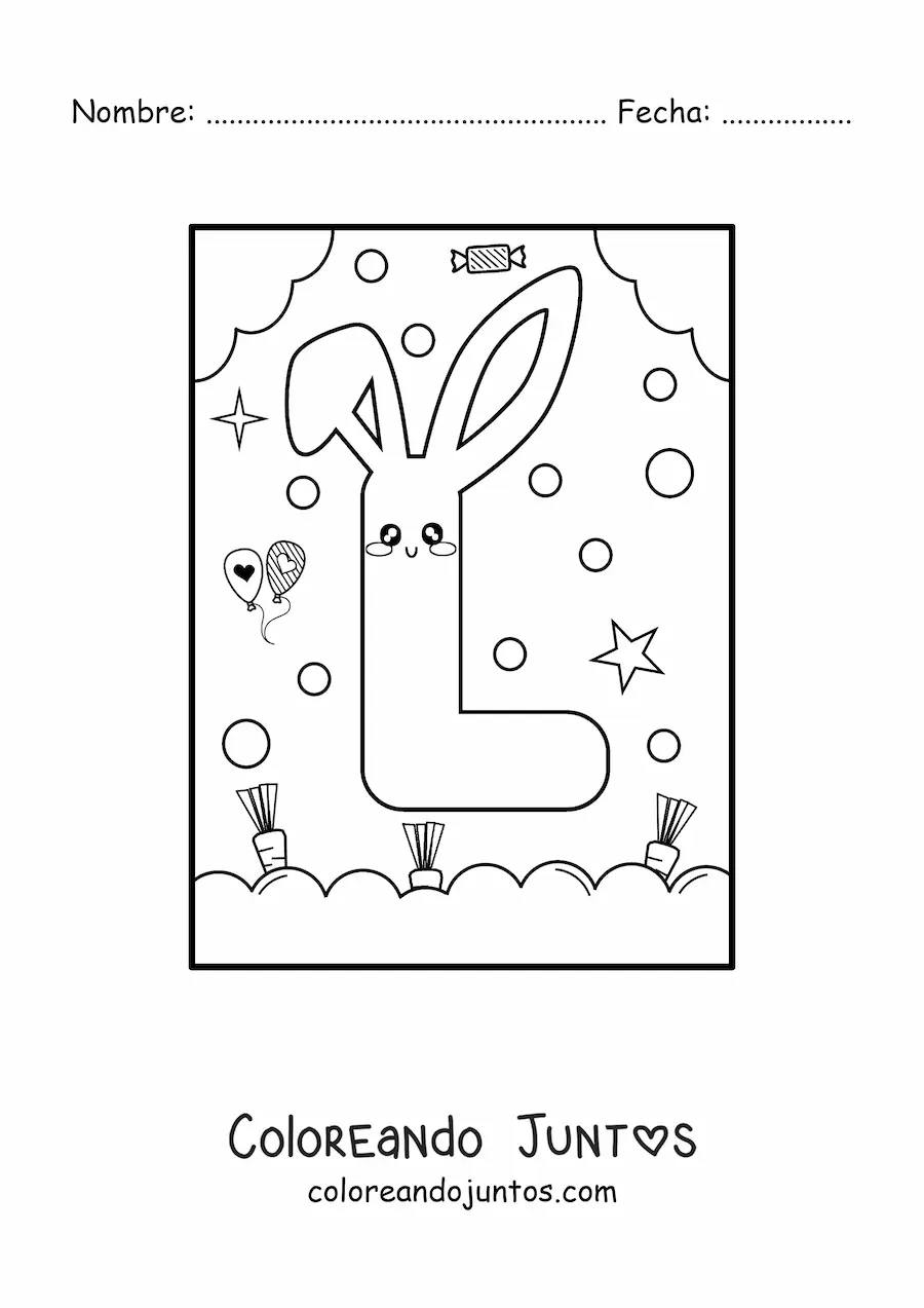 Imagen para colorear de letra l con forma de conejo kawaii animado