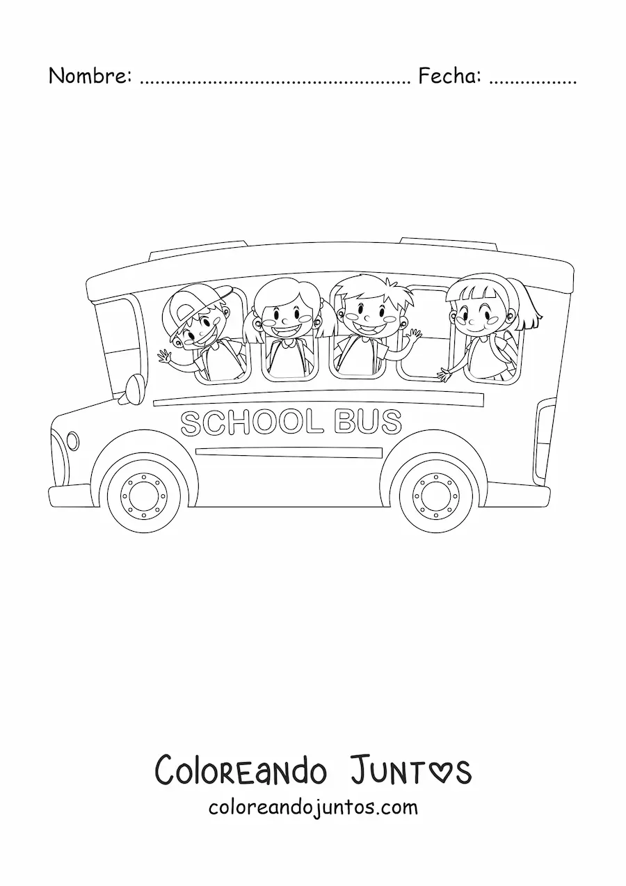 Imagen para colorear de cuatro alumnos saludando desde las ventanas de un autobús escolar