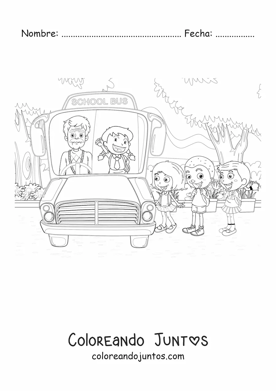 Imagen para colorear de varios alumnos subiendo al transporte escolar