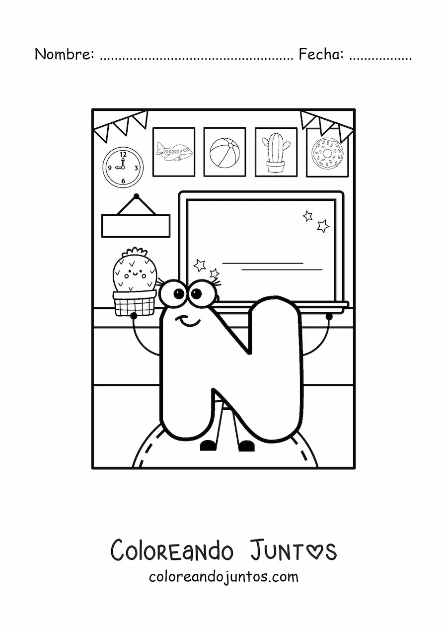 Imagen para colorear de la letra n animada en la escuela