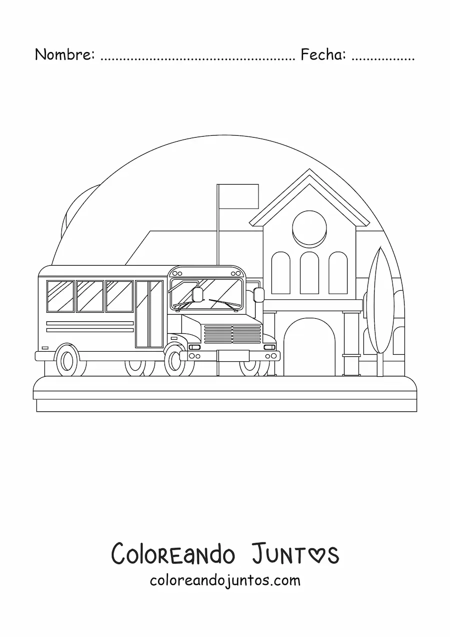 Imagen para colorear de un autobús escolar en la escuela