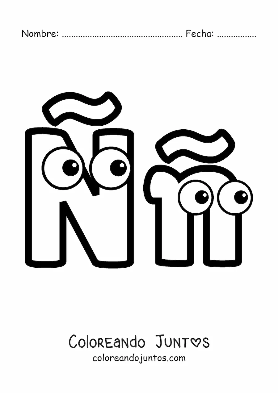 Imagen para colorear de la letra ñ mayúscula y minúscula en caricatura