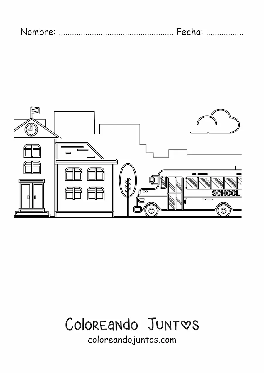 Imagen para colorear de un autobús escolar aparcado junto a una escuela