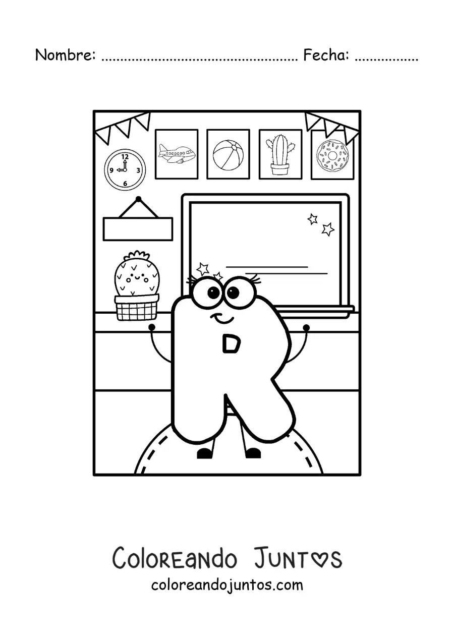 Imagen para colorear de la letra r animada en la escuela