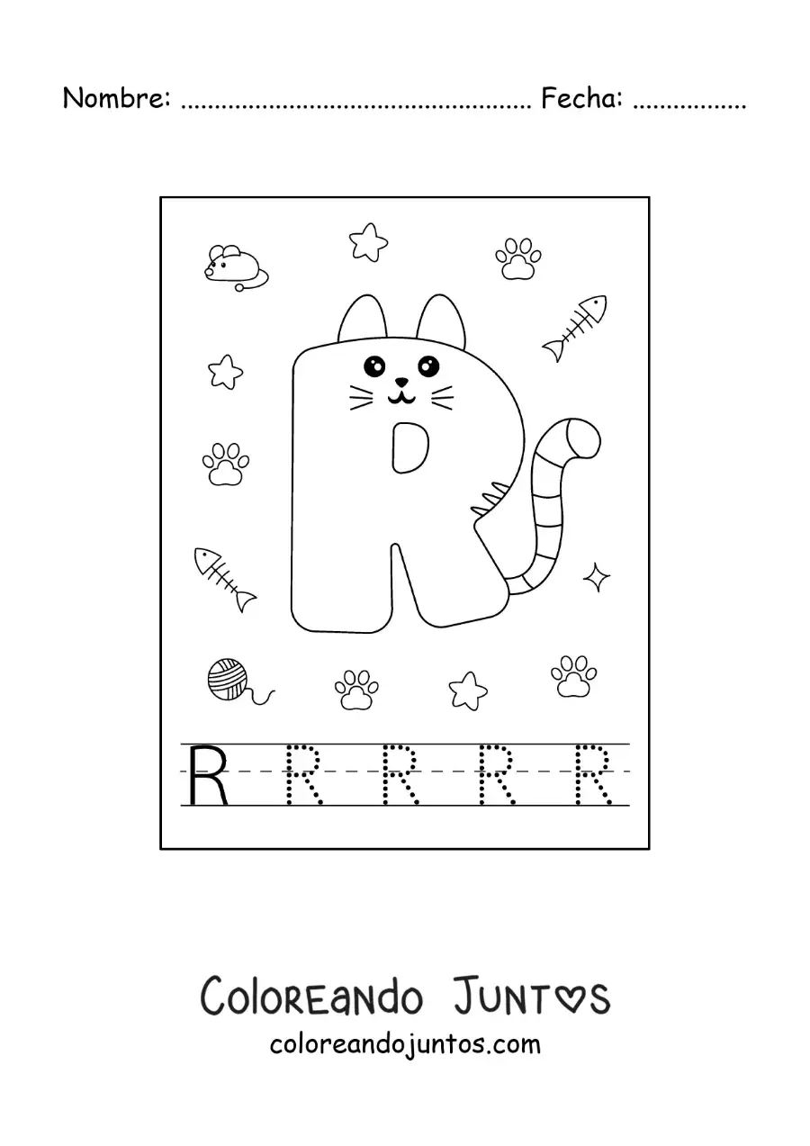 Imagen para colorear de la letra r animada con forma de gato