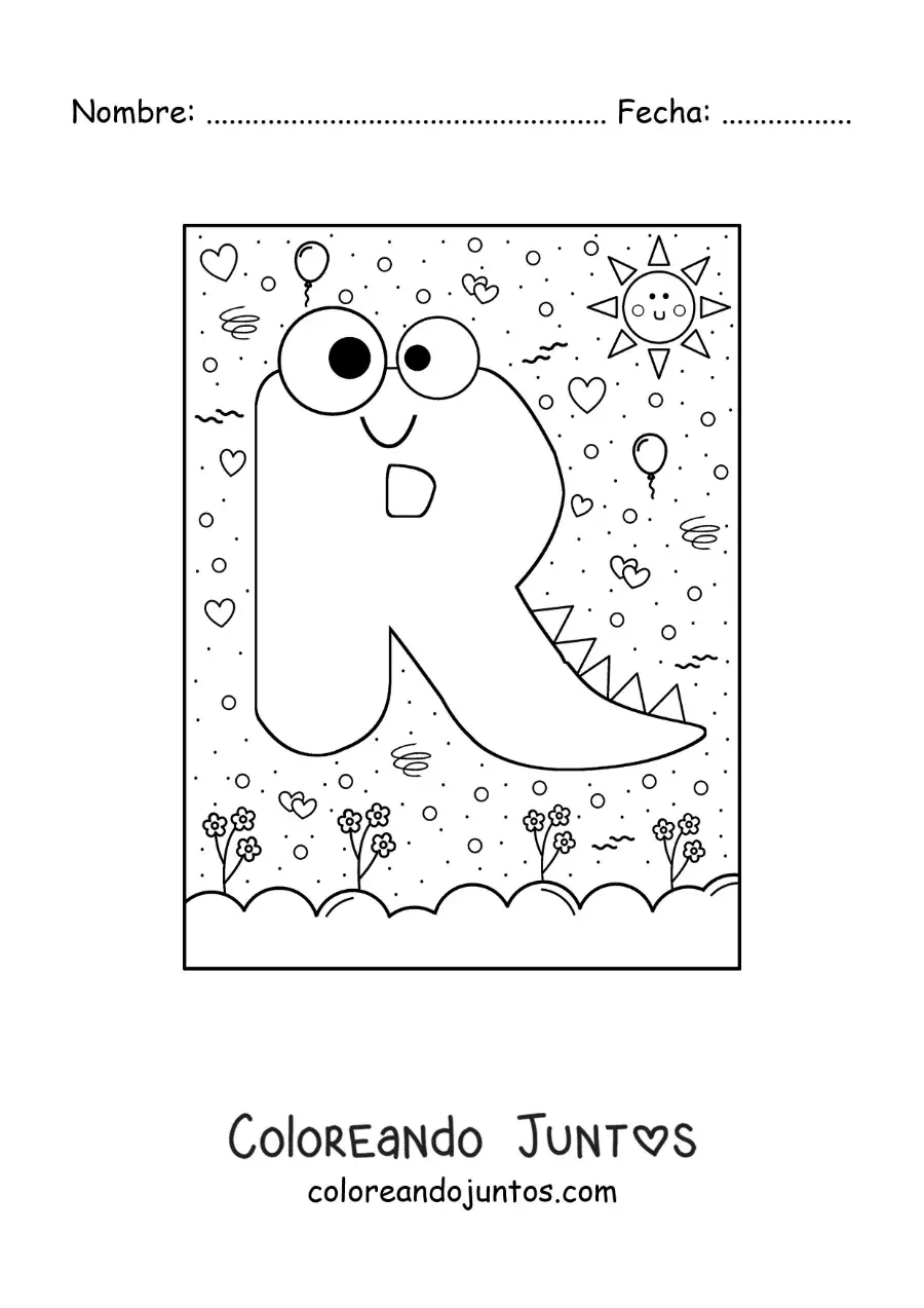 Imagen para colorear de la letra r animada con forma de monstruo con dibujos animados