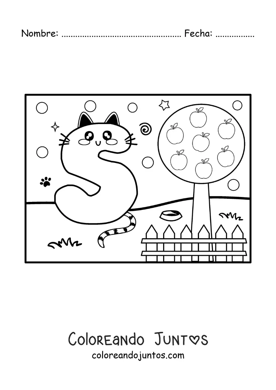 Imagen para colorear de la letra s animada con forma de gato en el parque