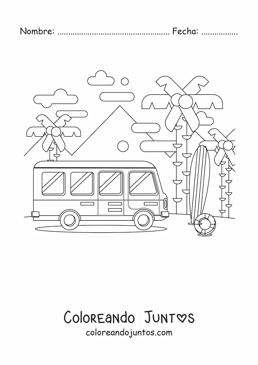 Imagen para colorear de un autobús de viaje en la playa