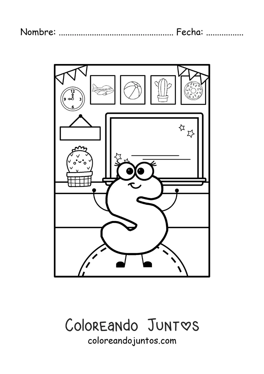 Imagen para colorear de la letra s animada en la escuela