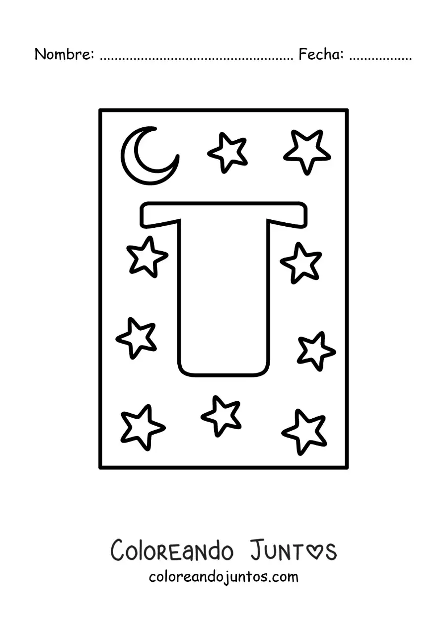 Imagen para colorear de letra t mayúscula con estrellas y una luna