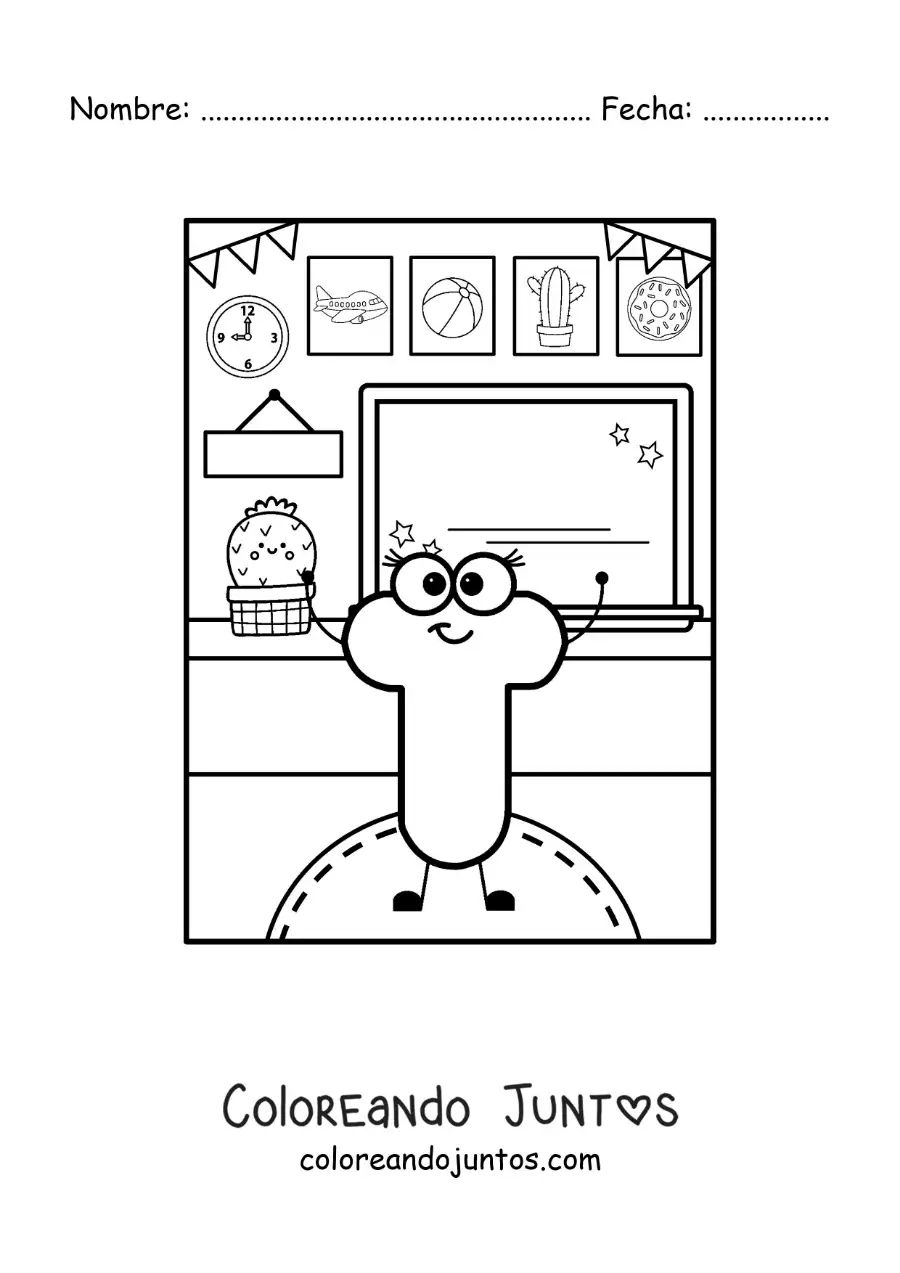 Imagen para colorear de la letra t animada en la escuela