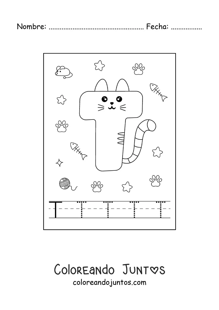 Imagen para colorear de la letra t animada con forma de gato