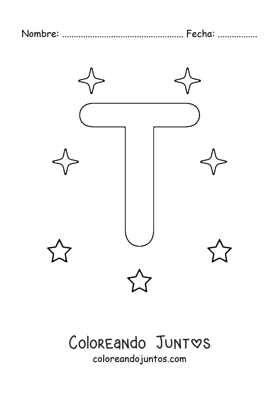 Imagen para colorear de letra t mayúscula con estrellas