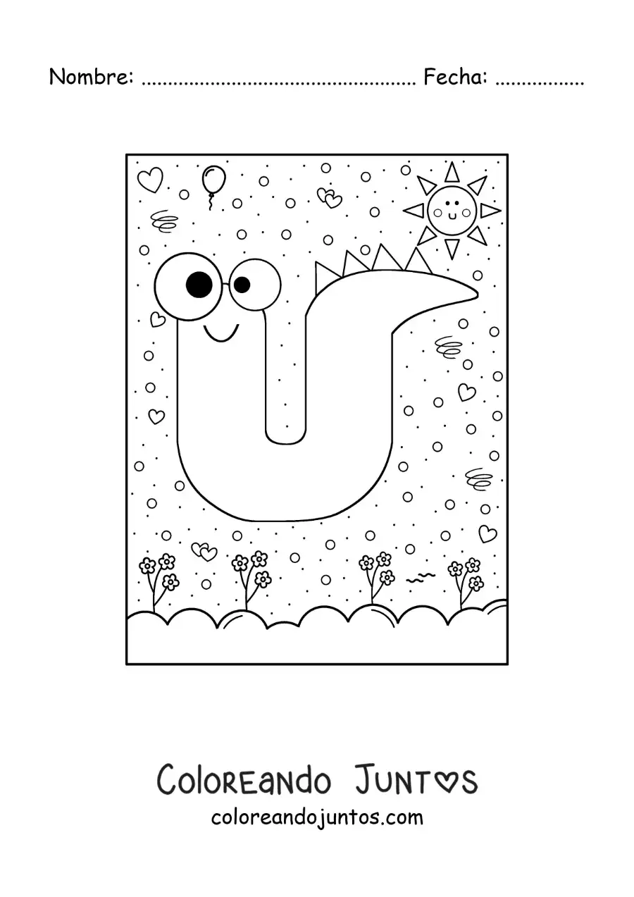 Imagen para colorear de la letra u animada con forma de monstruo con dibujos animados