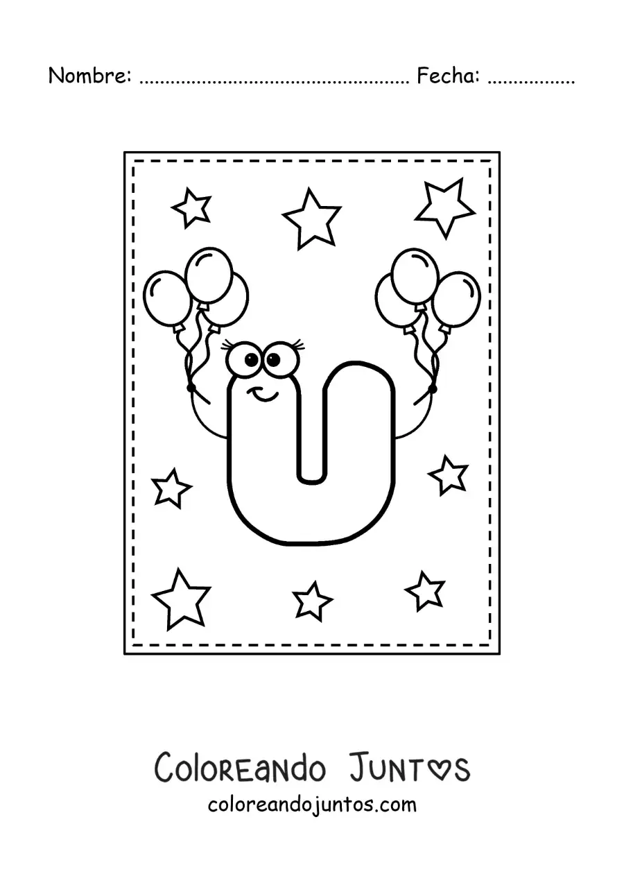 Imagen para colorear de la letra u mayúscula animada con globos