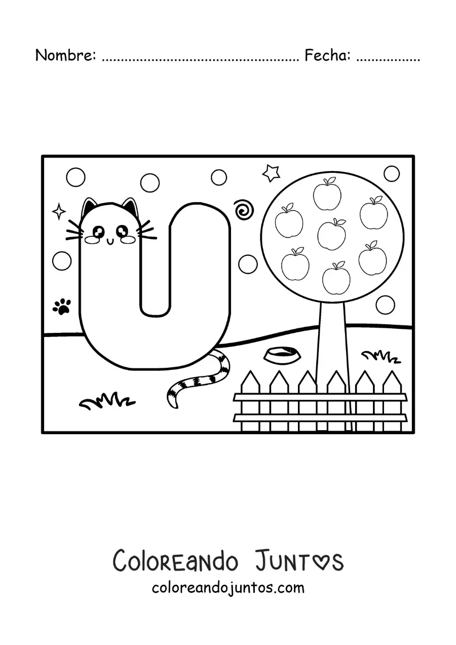 Imagen para colorear de la letra u animada con forma de gato en el parque