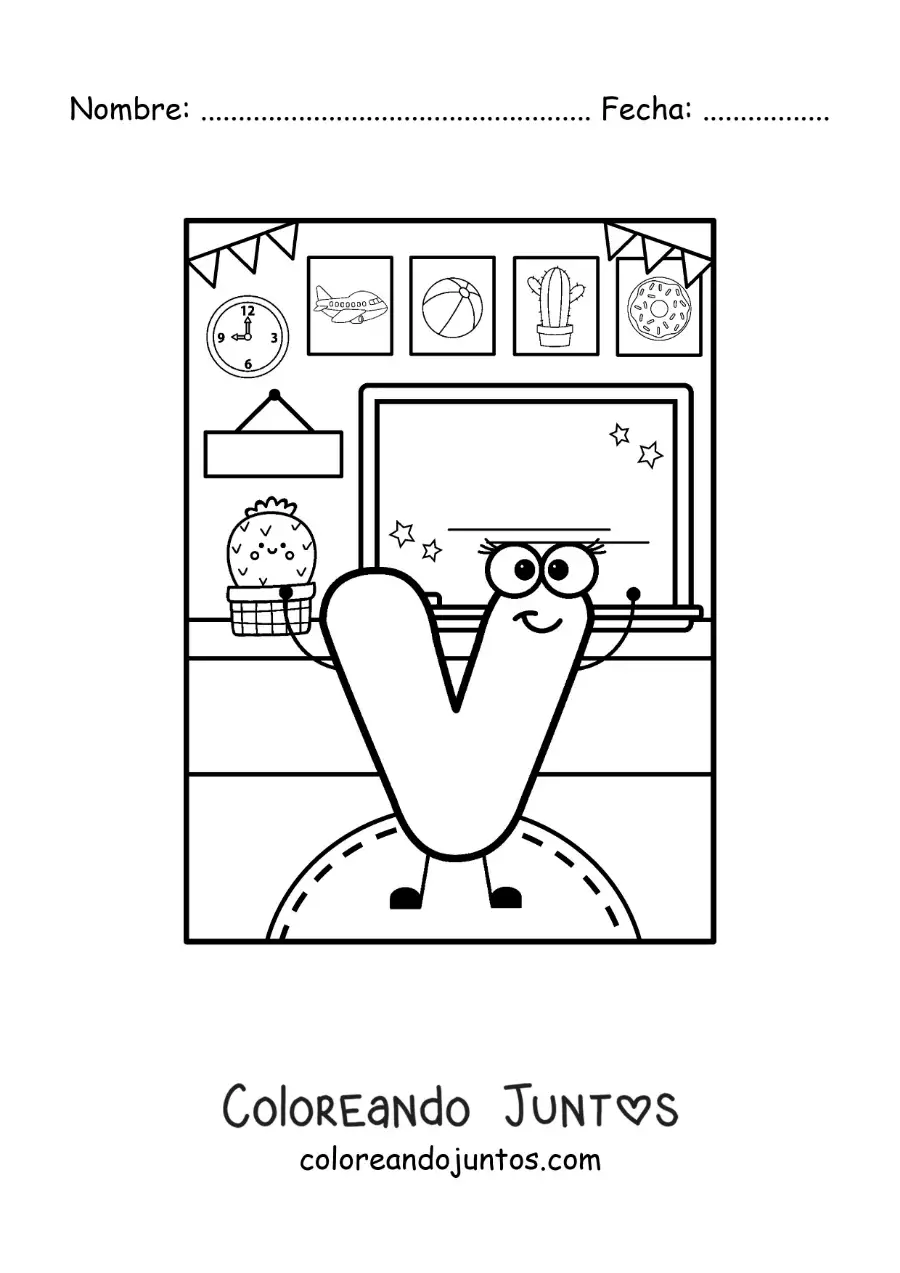 Imagen para colorear de la letra v animada en la escuela