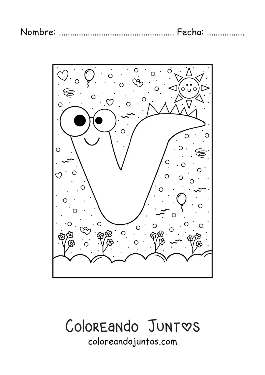 Imagen para colorear de la letra v animada con forma de monstruo con dibujos animados