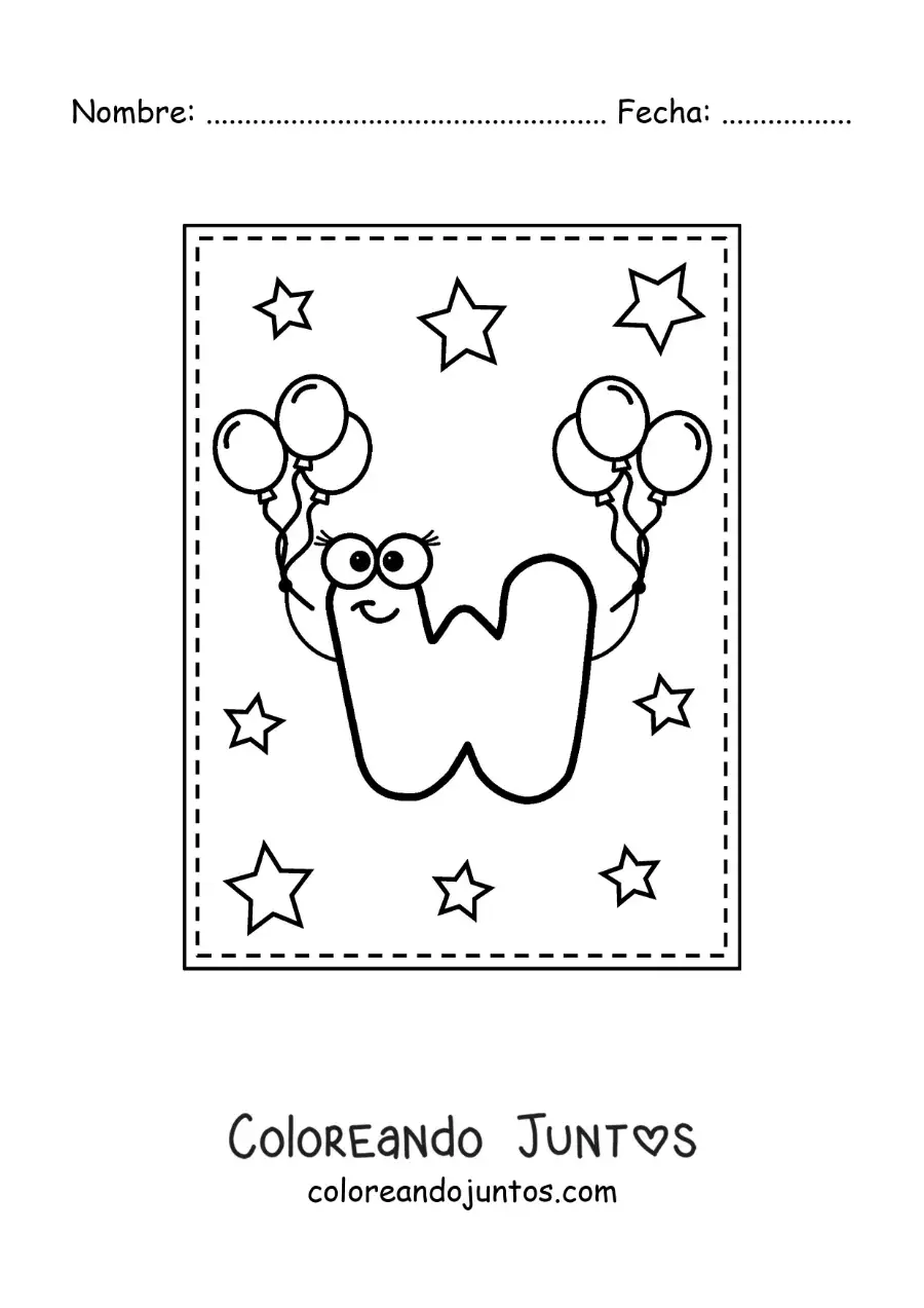Imagen para colorear de la letra w mayúscula animada con globos