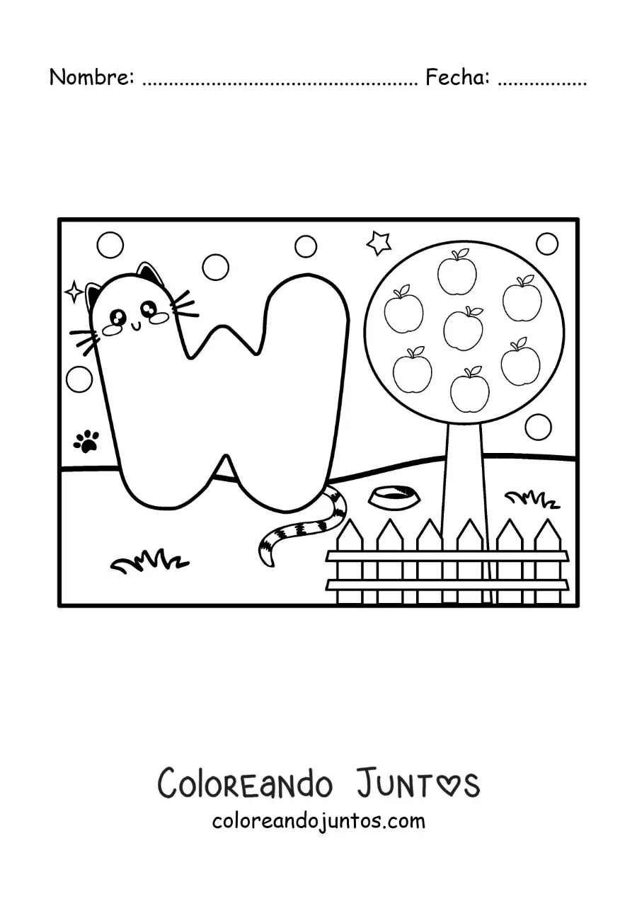 Imagen para colorear de la letra w animada con forma de gato en el parque