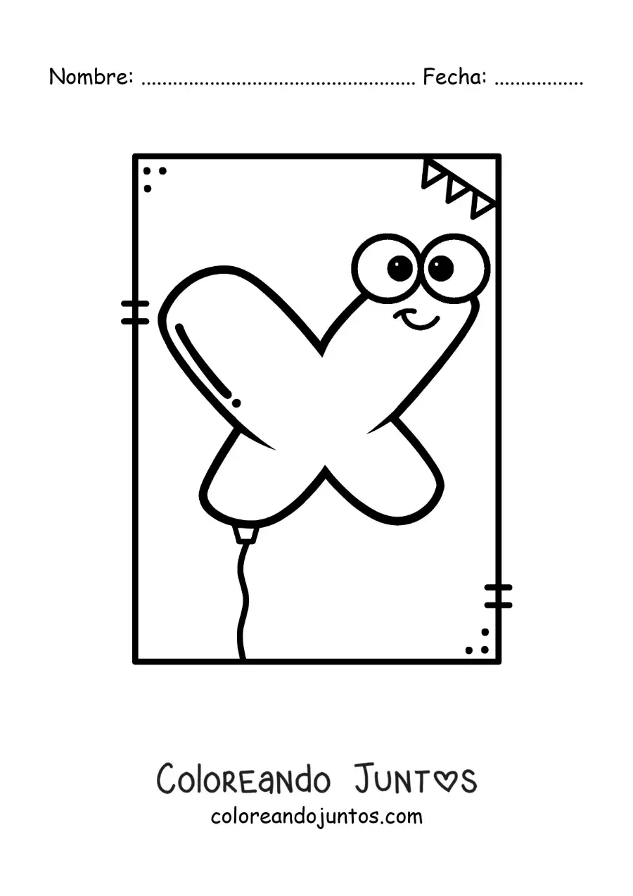 Imagen para colorear de la letra x animada con forma de globo