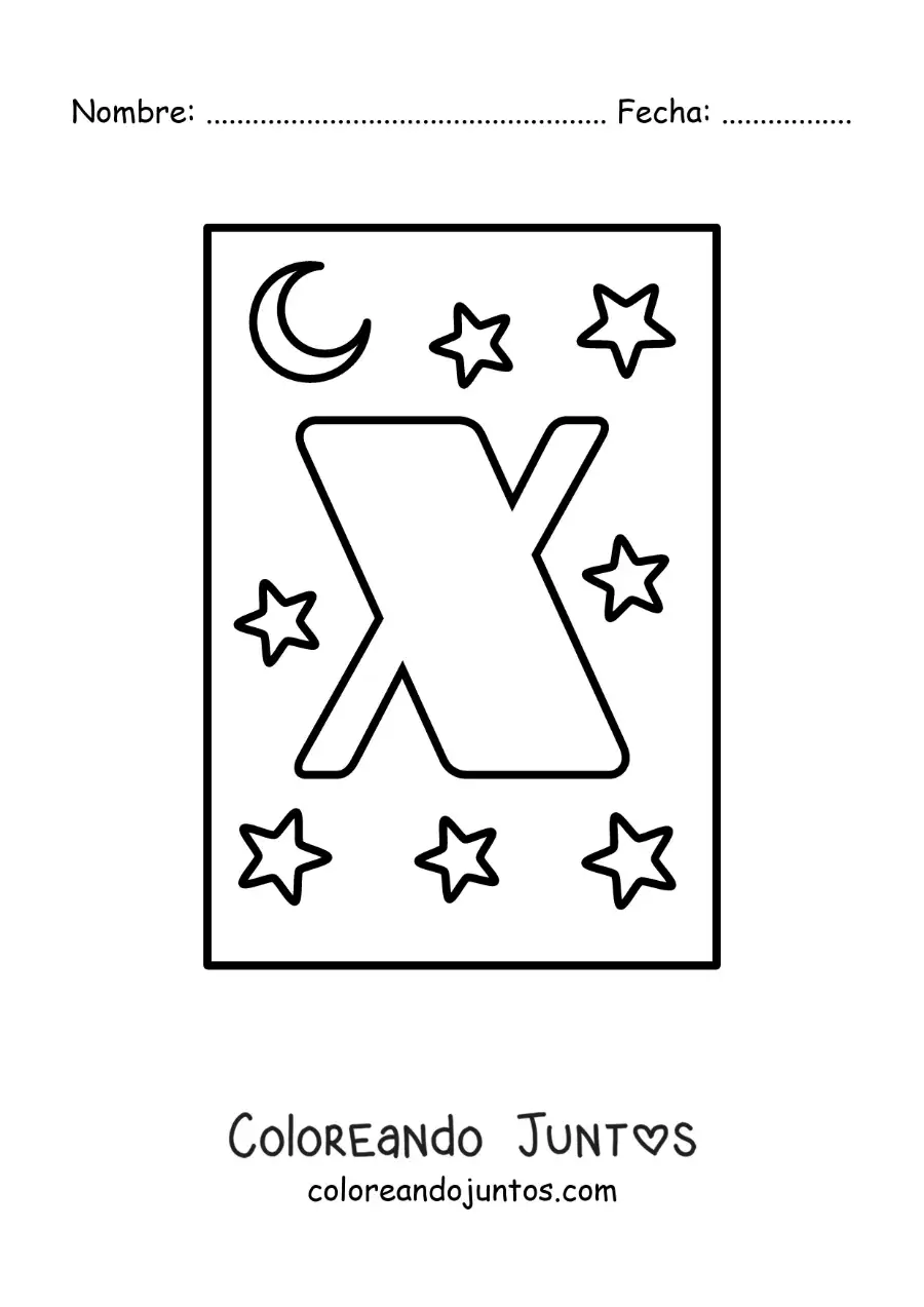 Imagen para colorear de letra x mayúscula con estrellas y una luna