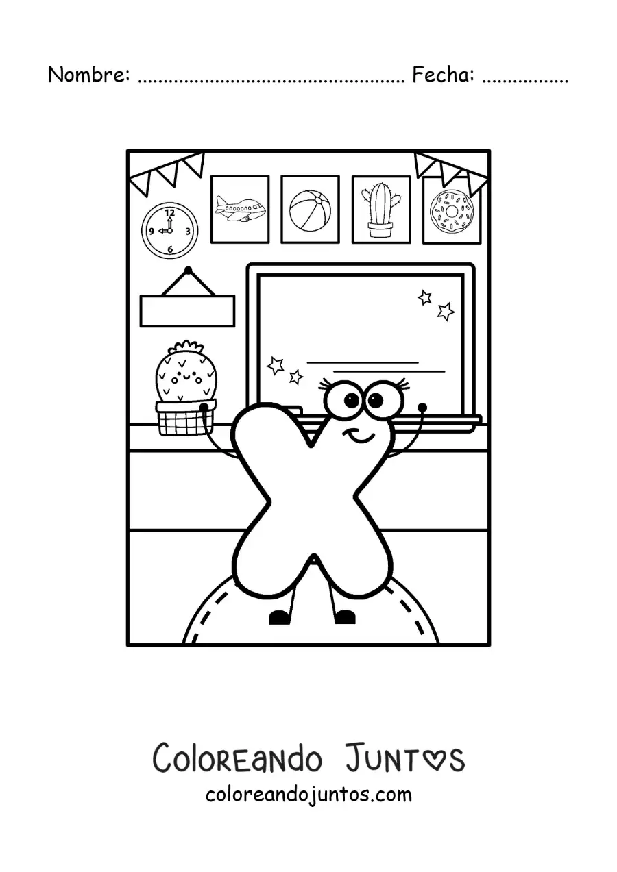 Imagen para colorear de la letra x animada en la escuela