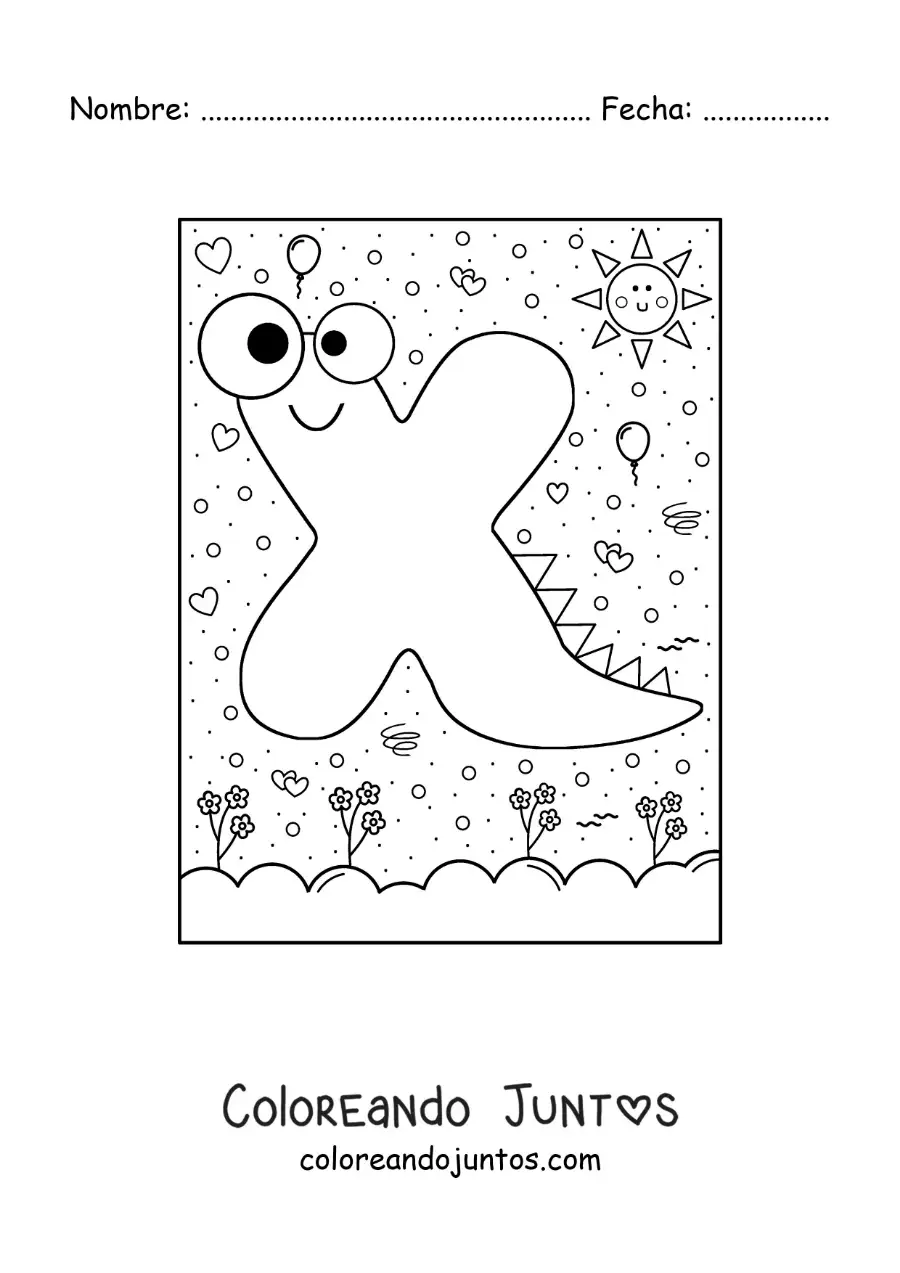 Imagen para colorear de la letra x animada con forma de monstruo con dibujos animados
