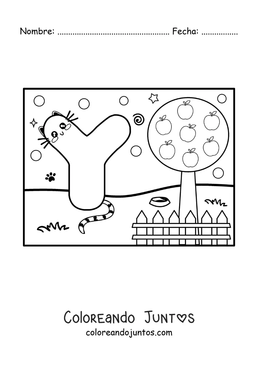 Imagen para colorear de la letra y animada con forma de gato en el parque