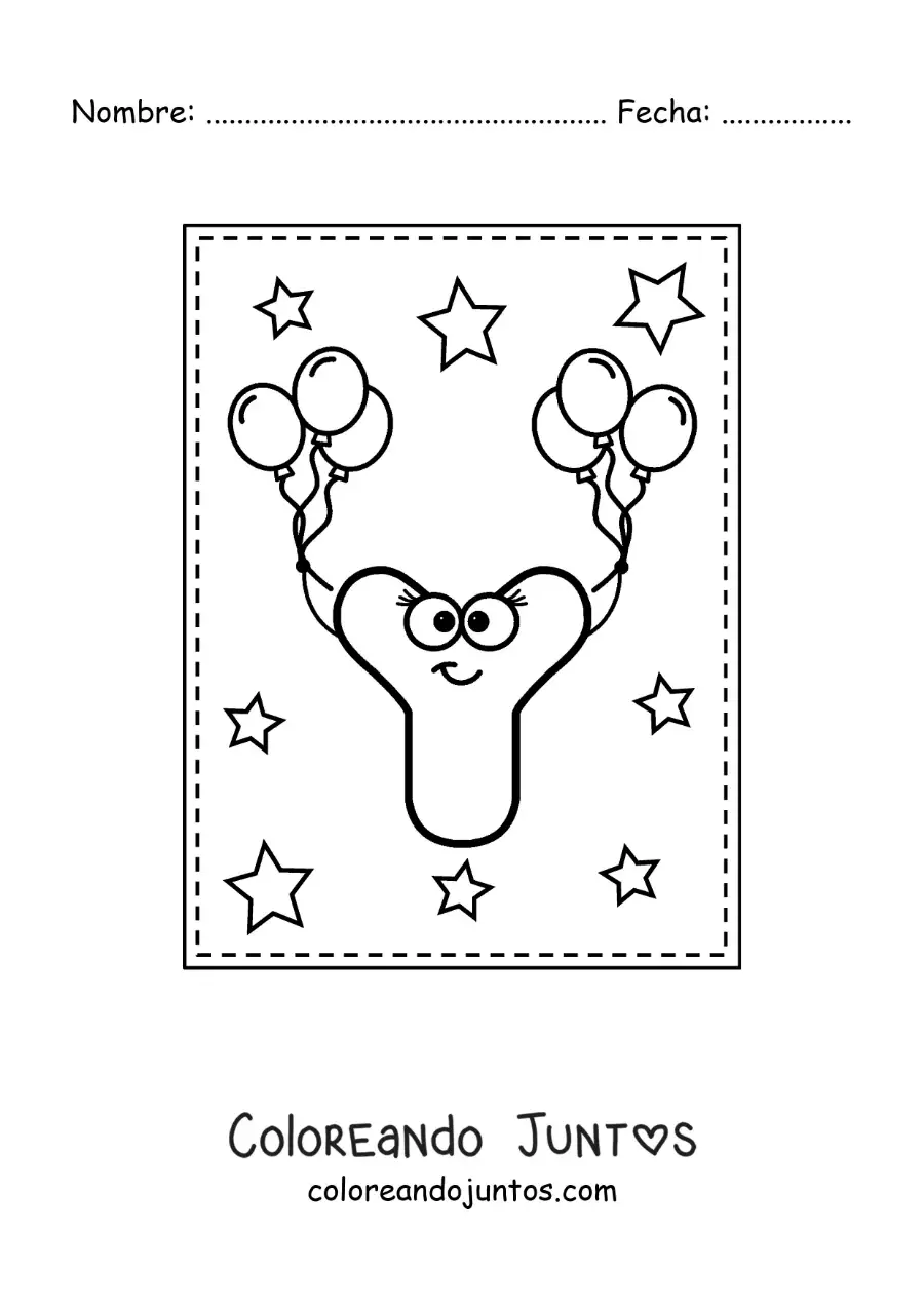 Imagen para colorear de la letra y mayúscula animada con globos