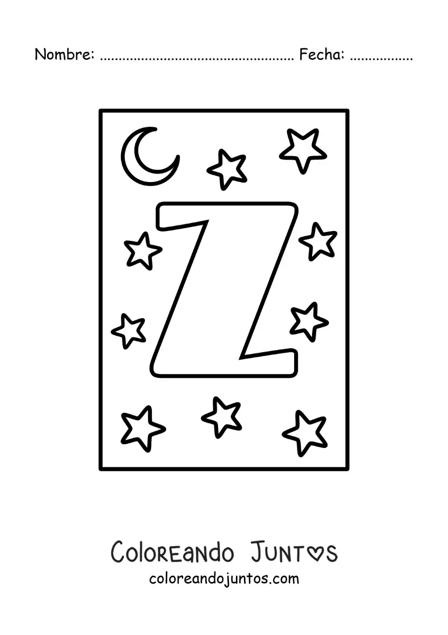 Imagen para colorear de letra z mayúscula con estrellas y una luna