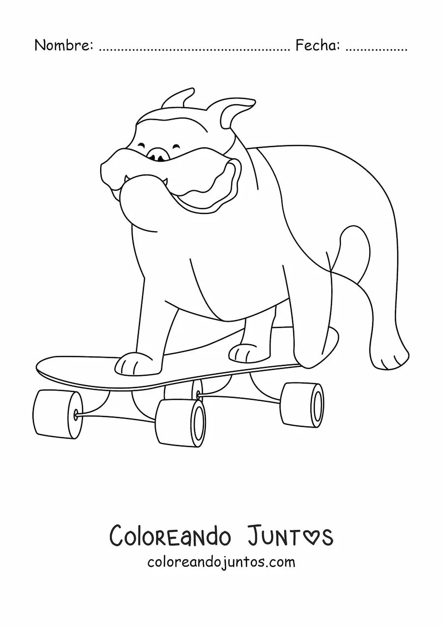 Imagen para colorear de un bulldog andando en en patineta