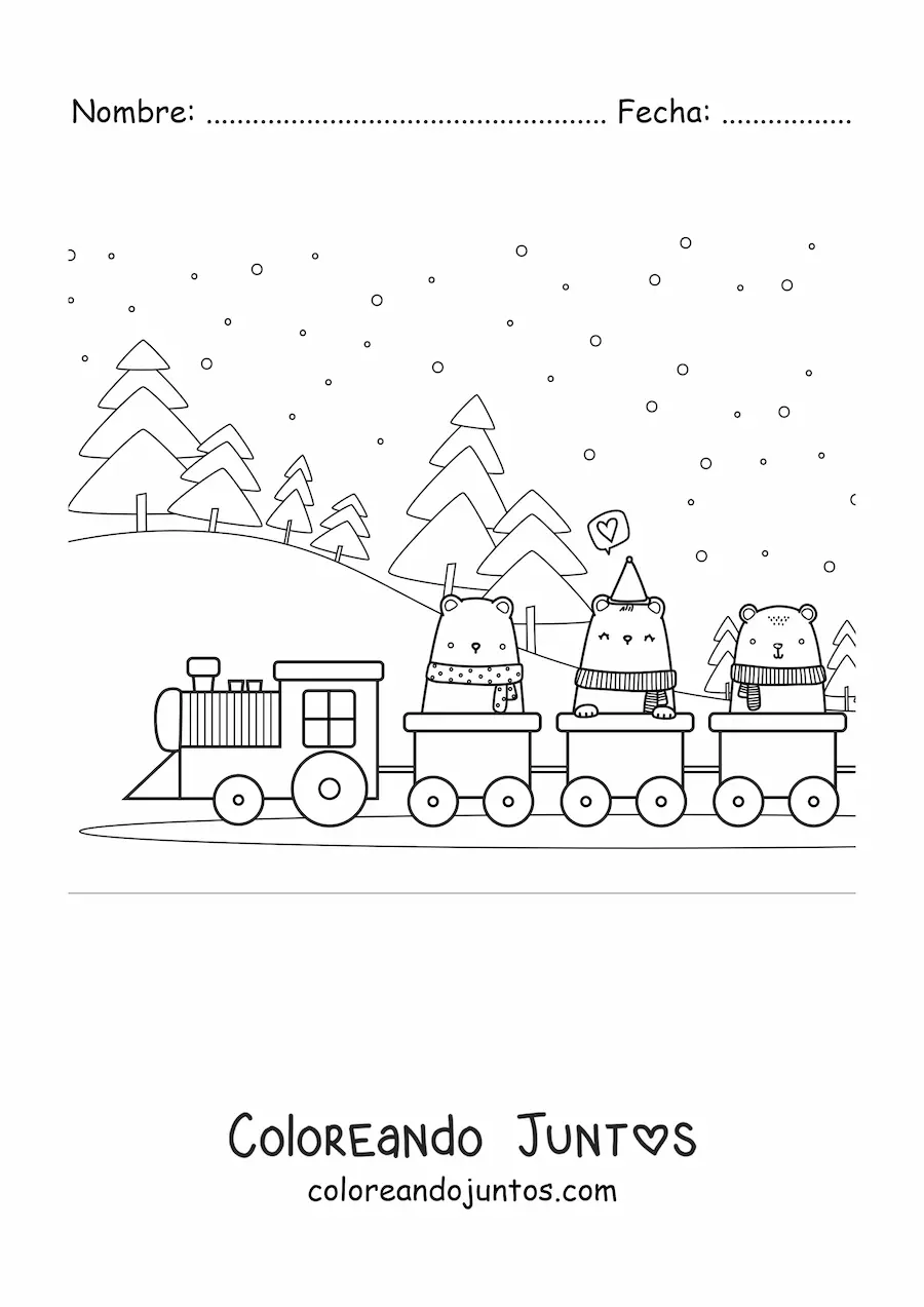 Imagen para colorear de tres osos animados en un tren