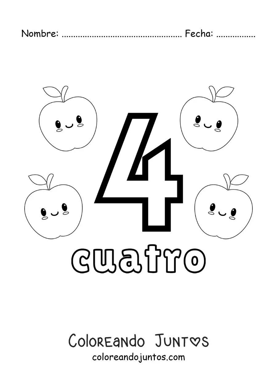 Imagen para colorear de tarjeta del número 4 para aprender a contar con frutas