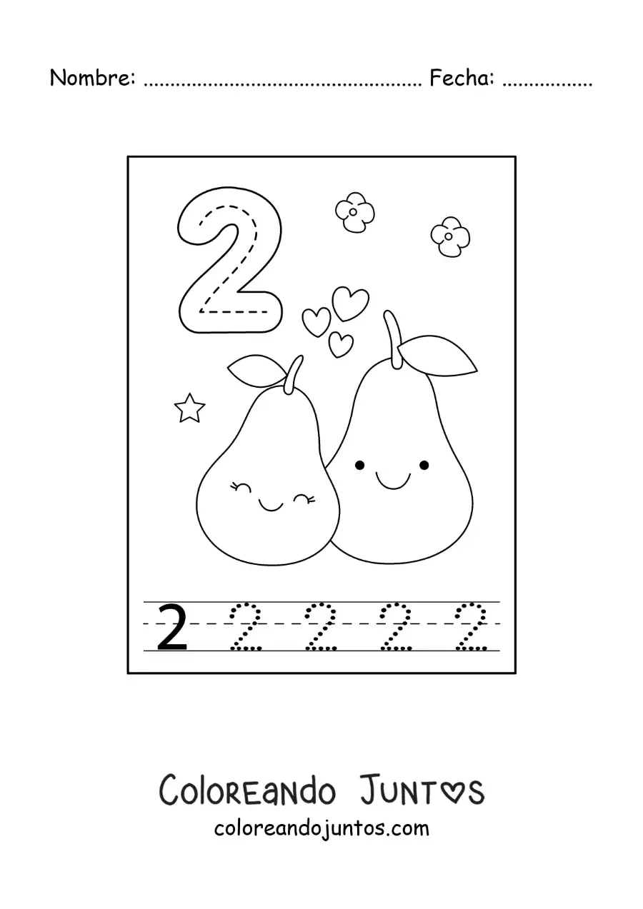 Imagen para colorear de tarjeta para aprender a trazar el número 2 y contar con frutas