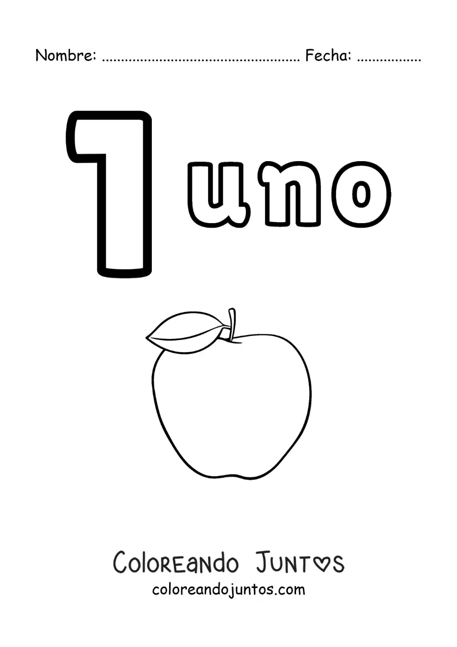 Imagen para colorear de ficha del número 1 para aprender a contar con dibujos divertidos