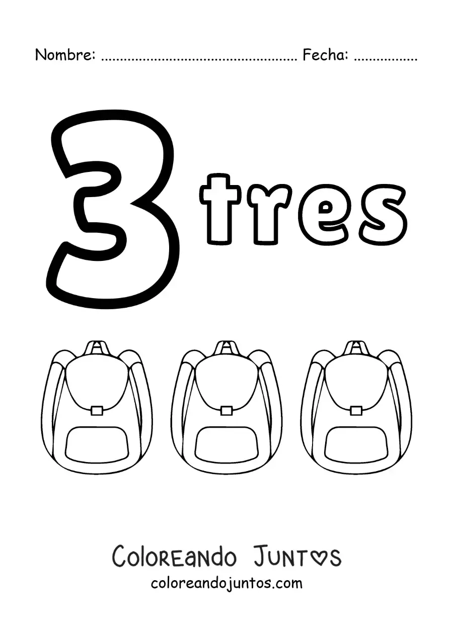 Imagen para colorear de ficha del número 3 para aprender a contar con dibujos divertidos