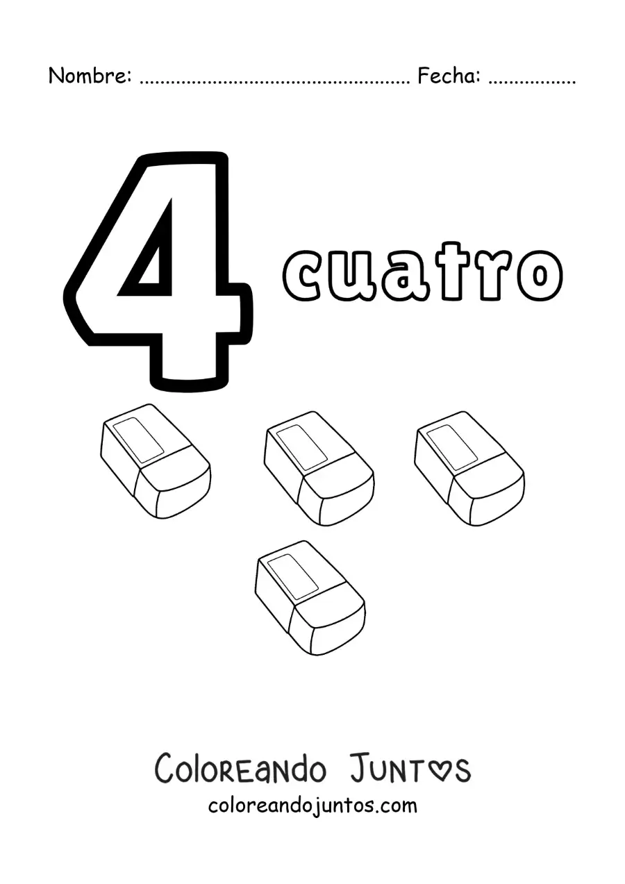 Imagen para colorear de ficha del número 4 para aprender a contar con dibujos divertidos