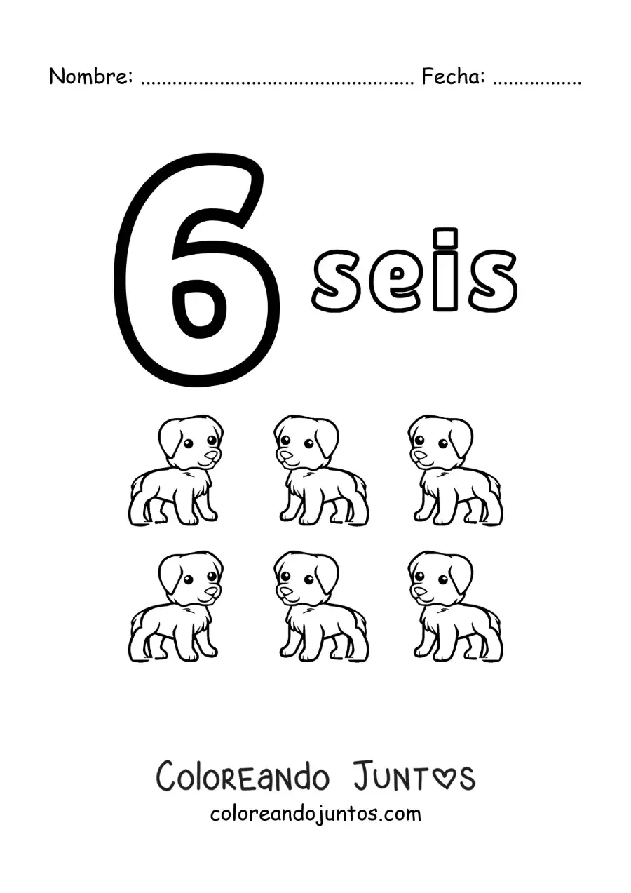 Imagen para colorear de ficha del número 6 para aprender a contar con dibujos divertidos