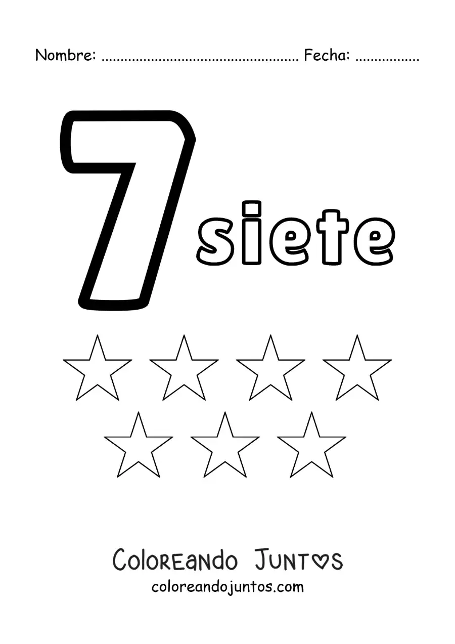 Imagen para colorear de ficha del número 7 para aprender a contar con dibujos divertidos